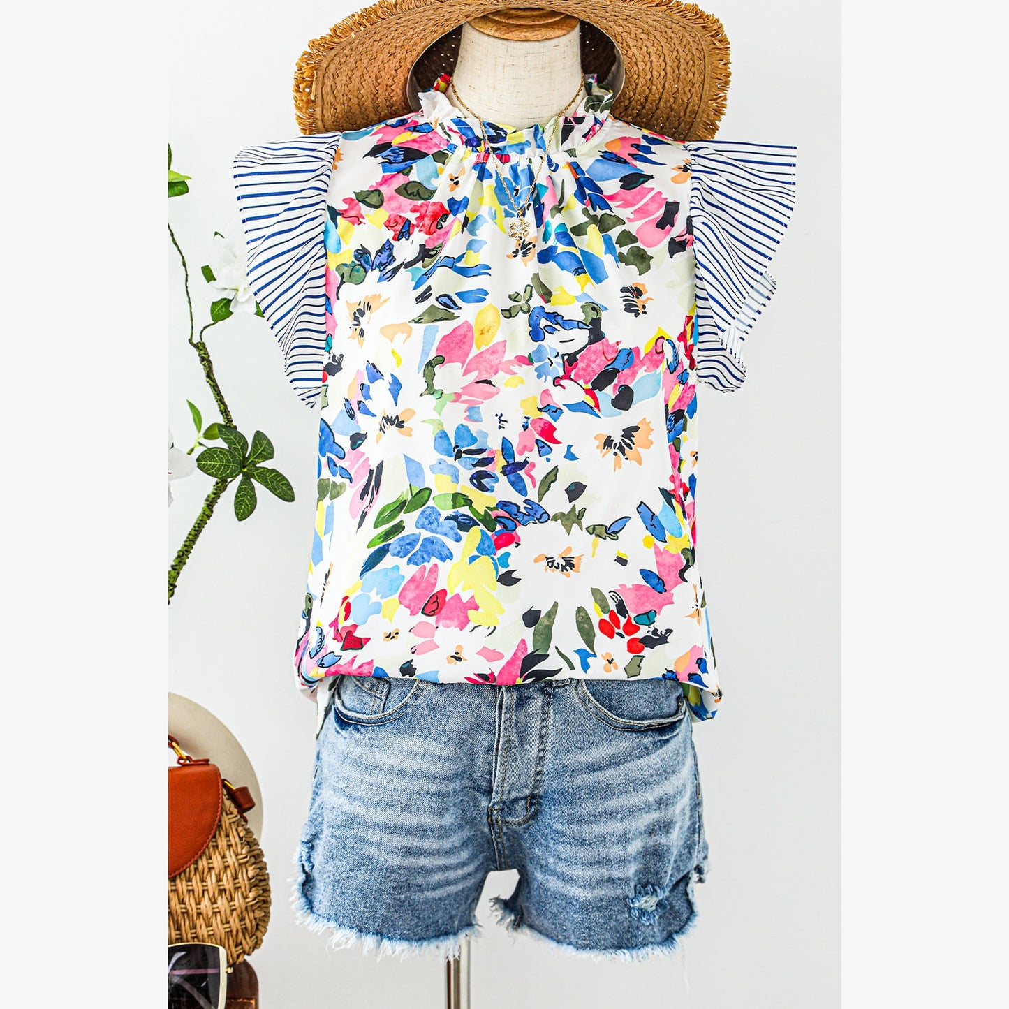 Meryl Light Blue Floral Print Striped Ruffled Sleeve Blouse