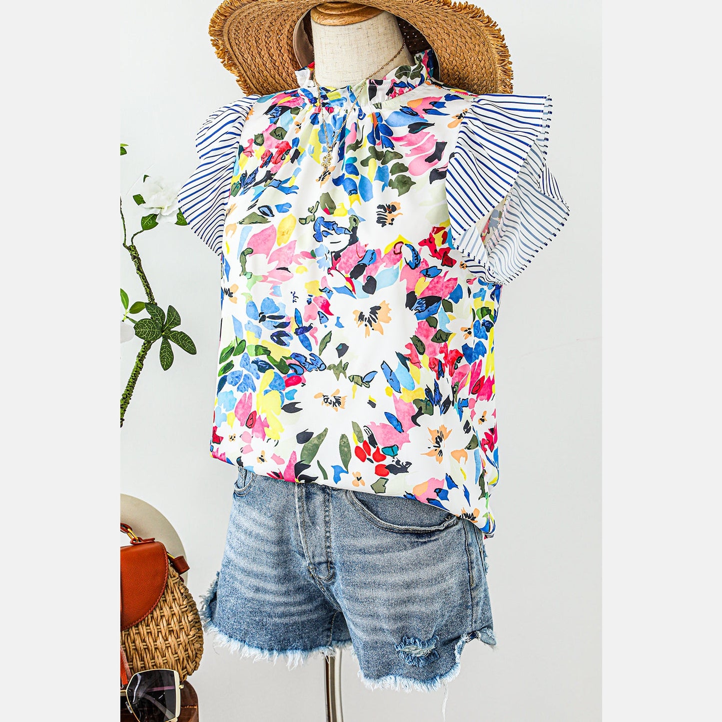 Meryl Light Blue Floral Print Striped Ruffled Sleeve Blouse