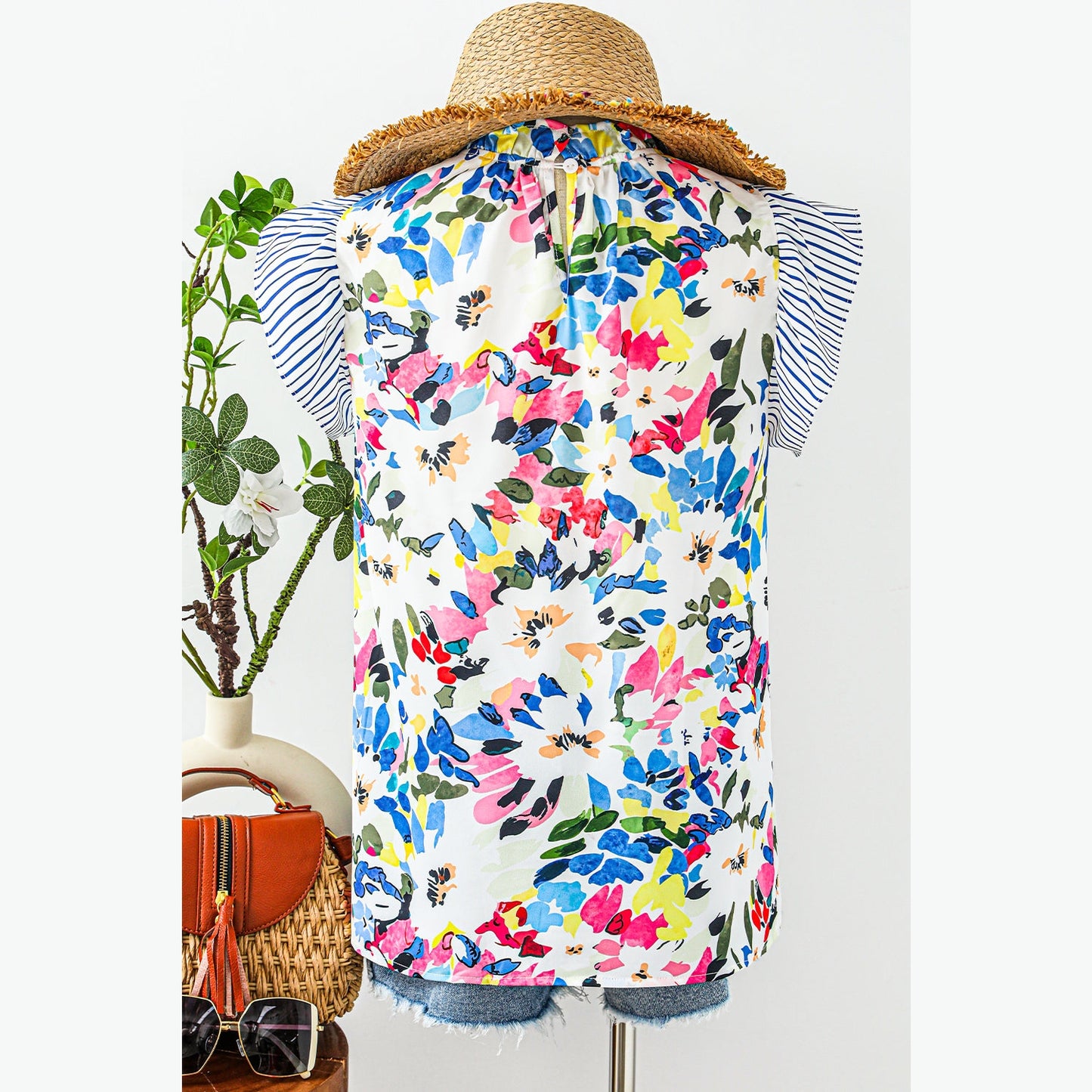 Meryl Light Blue Floral Print Striped Ruffled Sleeve Blouse