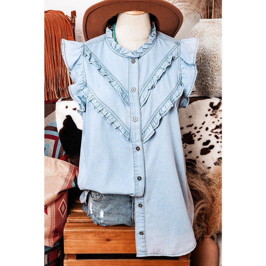 Micha Beau Blue Mineral Wash Cap Sleeve Frilled Button Up Denim Shirt