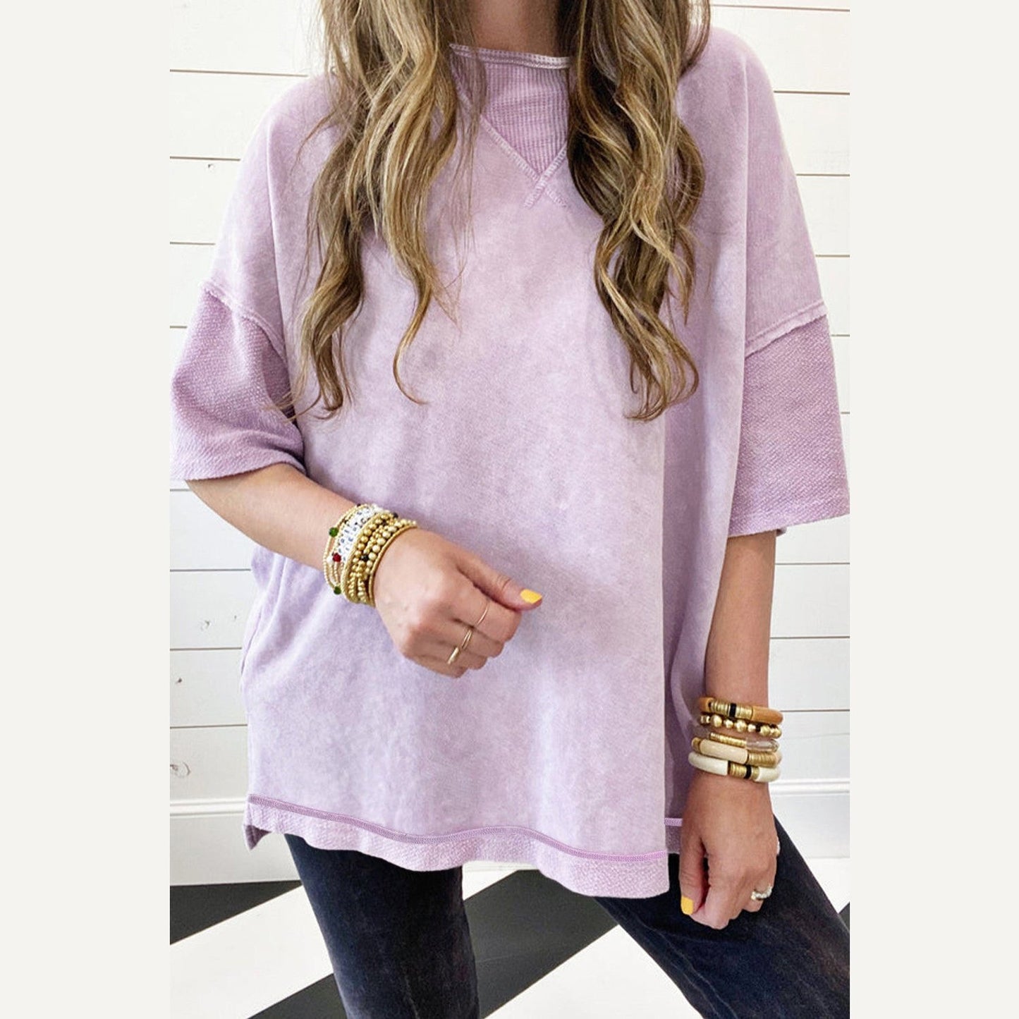 Misha Orchid Petal Mineral Wash Exposed Seam Drop Shoulder Oversized Tee