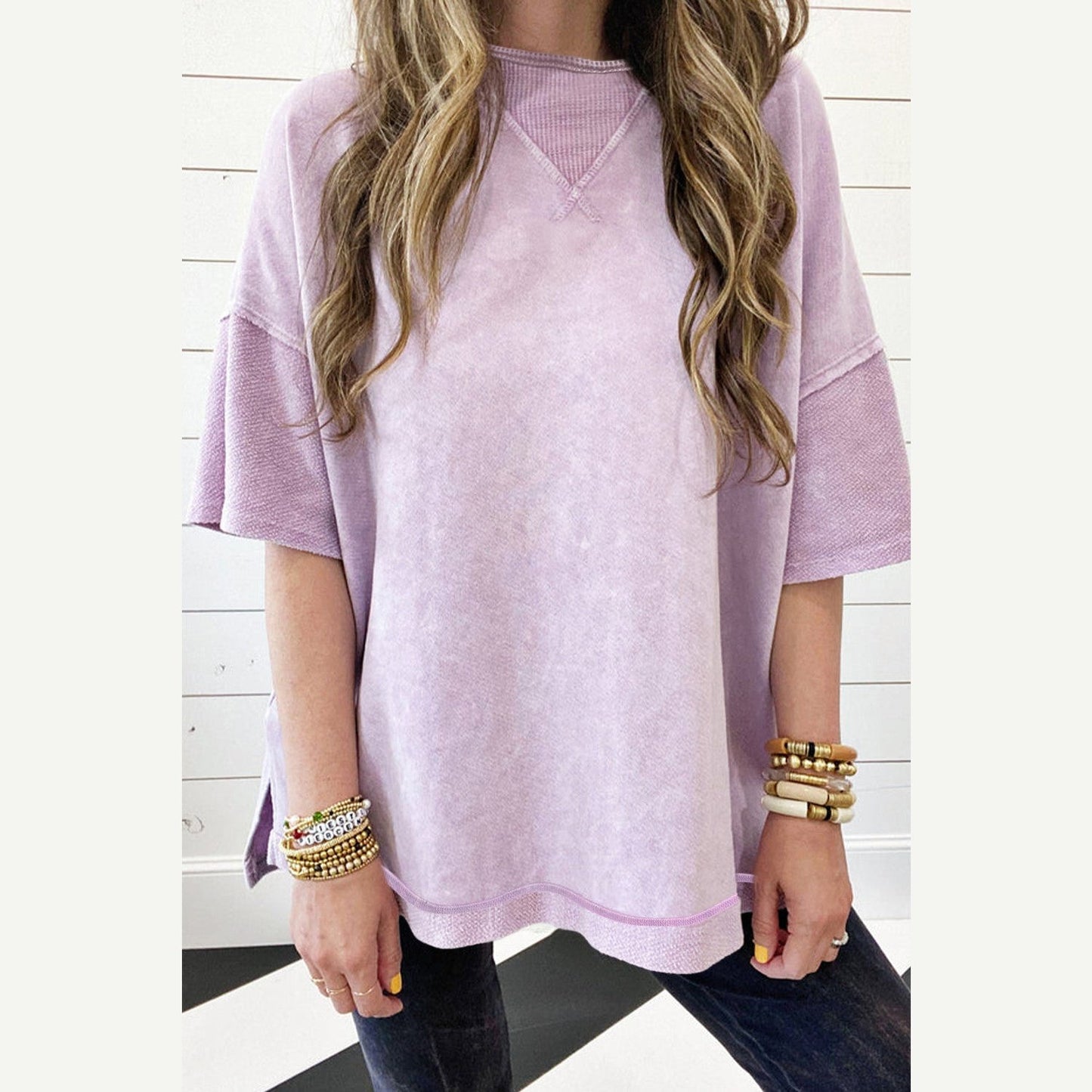 Misha Orchid Petal Mineral Wash Exposed Seam Drop Shoulder Oversized Tee