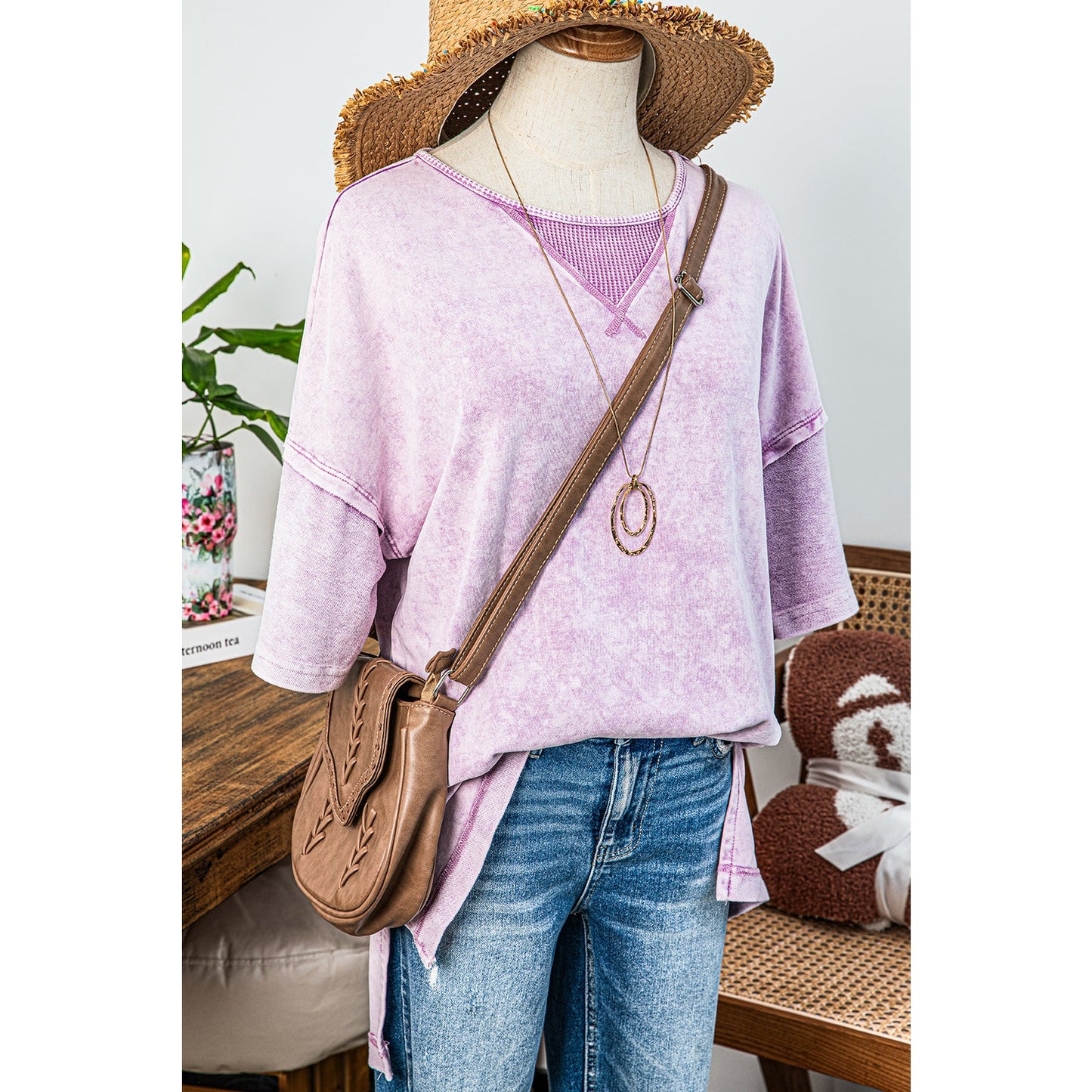 Misha Orchid Petal Mineral Wash Exposed Seam Drop Shoulder Oversized Tee