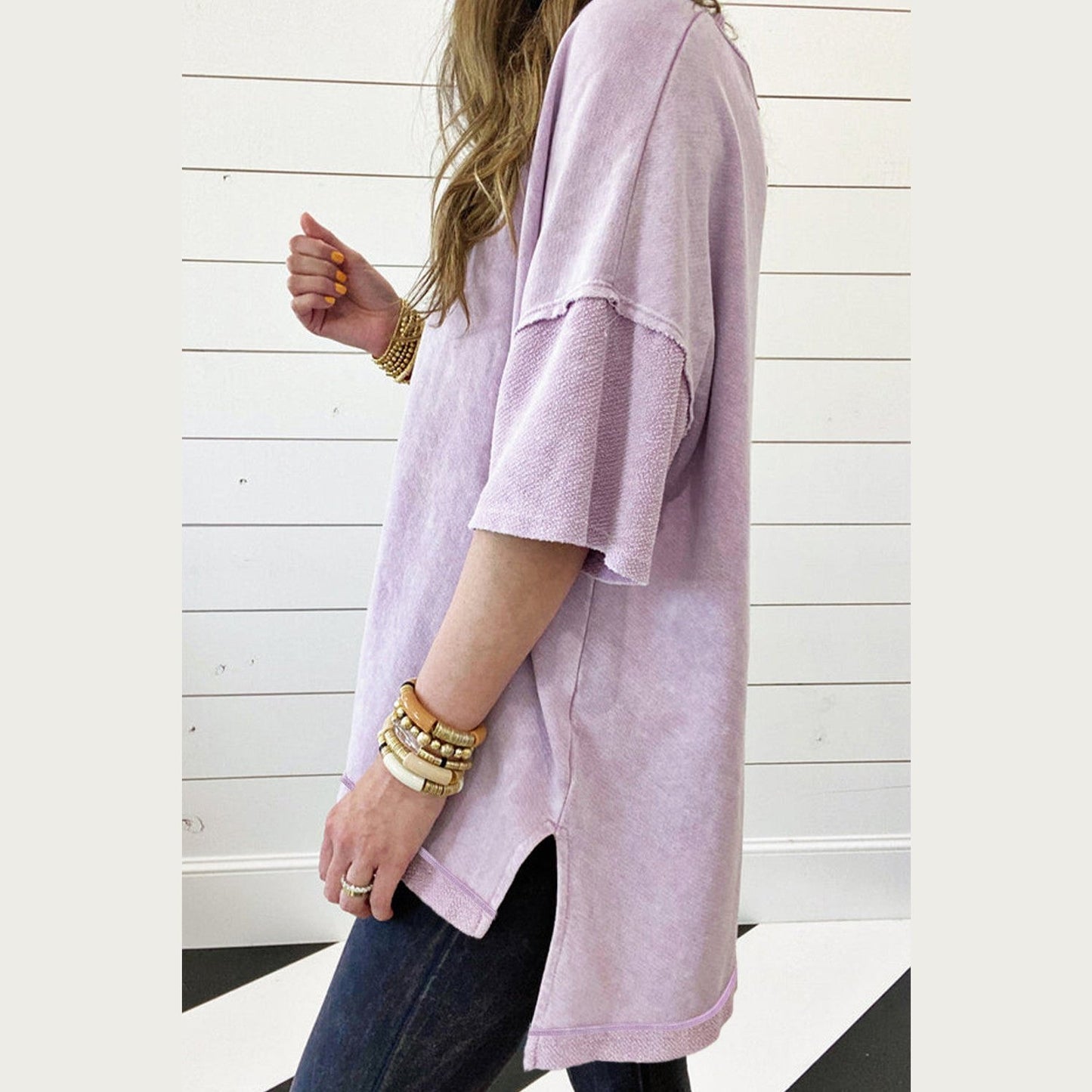 Misha Orchid Petal Mineral Wash Exposed Seam Drop Shoulder Oversized Tee