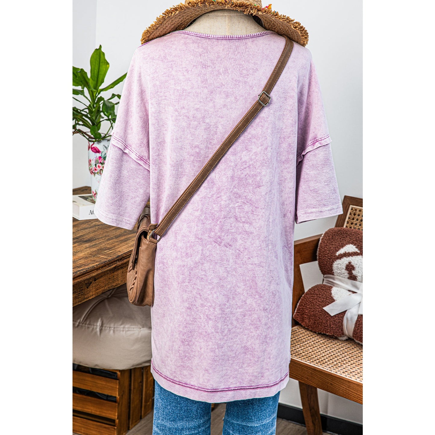 Misha Orchid Petal Mineral Wash Exposed Seam Drop Shoulder Oversized Tee