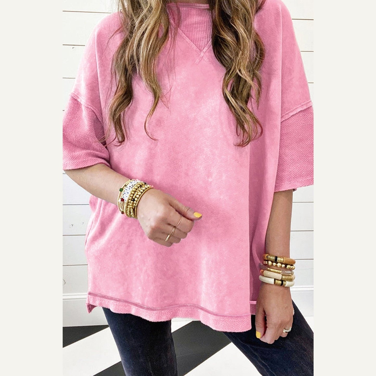 Misha Strawberry Pink Mineral Wash Exposed Seam Drop Shoulder Oversized Tee - S to 3X