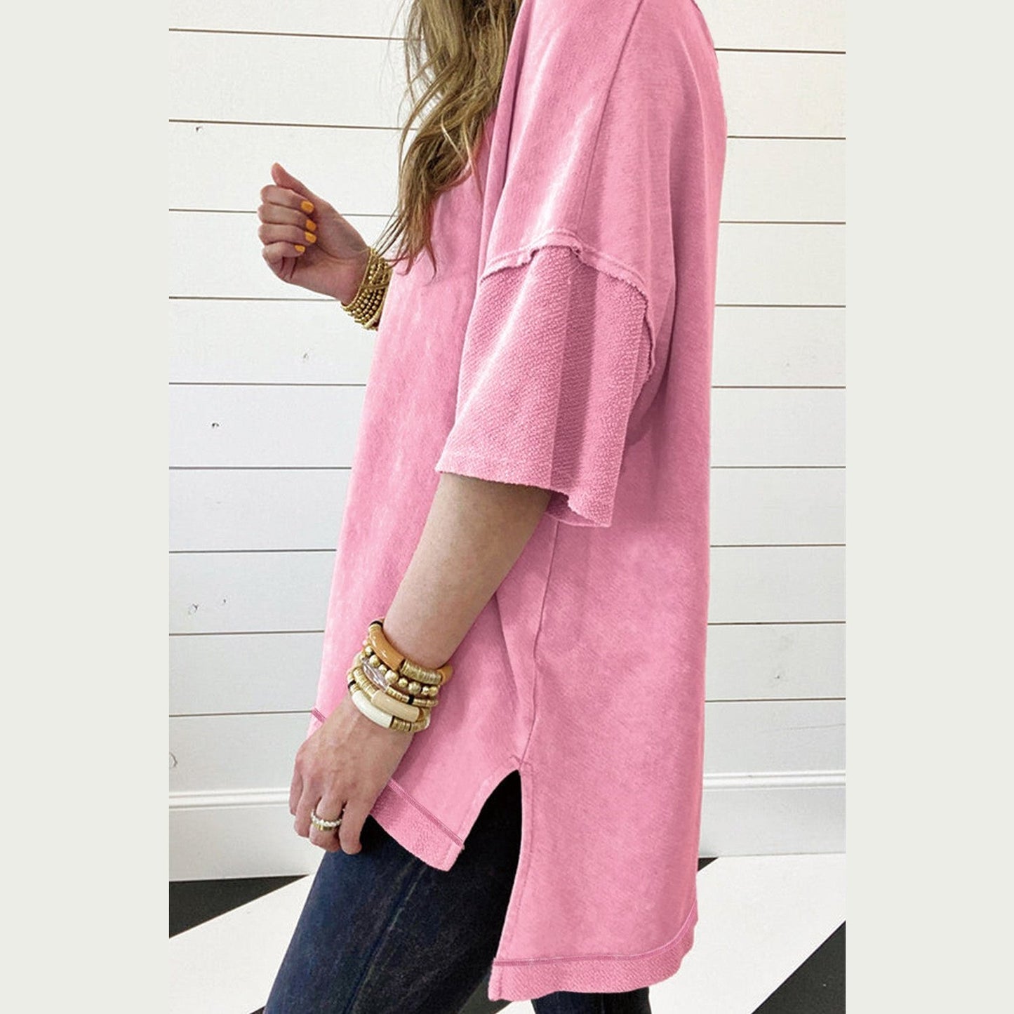 Misha Strawberry Pink Mineral Wash Exposed Seam Drop Shoulder Oversized Tee - S to 3X