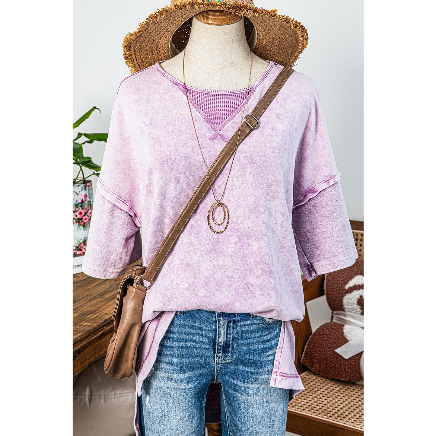 Misha Orchid Petal Mineral Wash Exposed Seam Drop Shoulder Oversized Tee