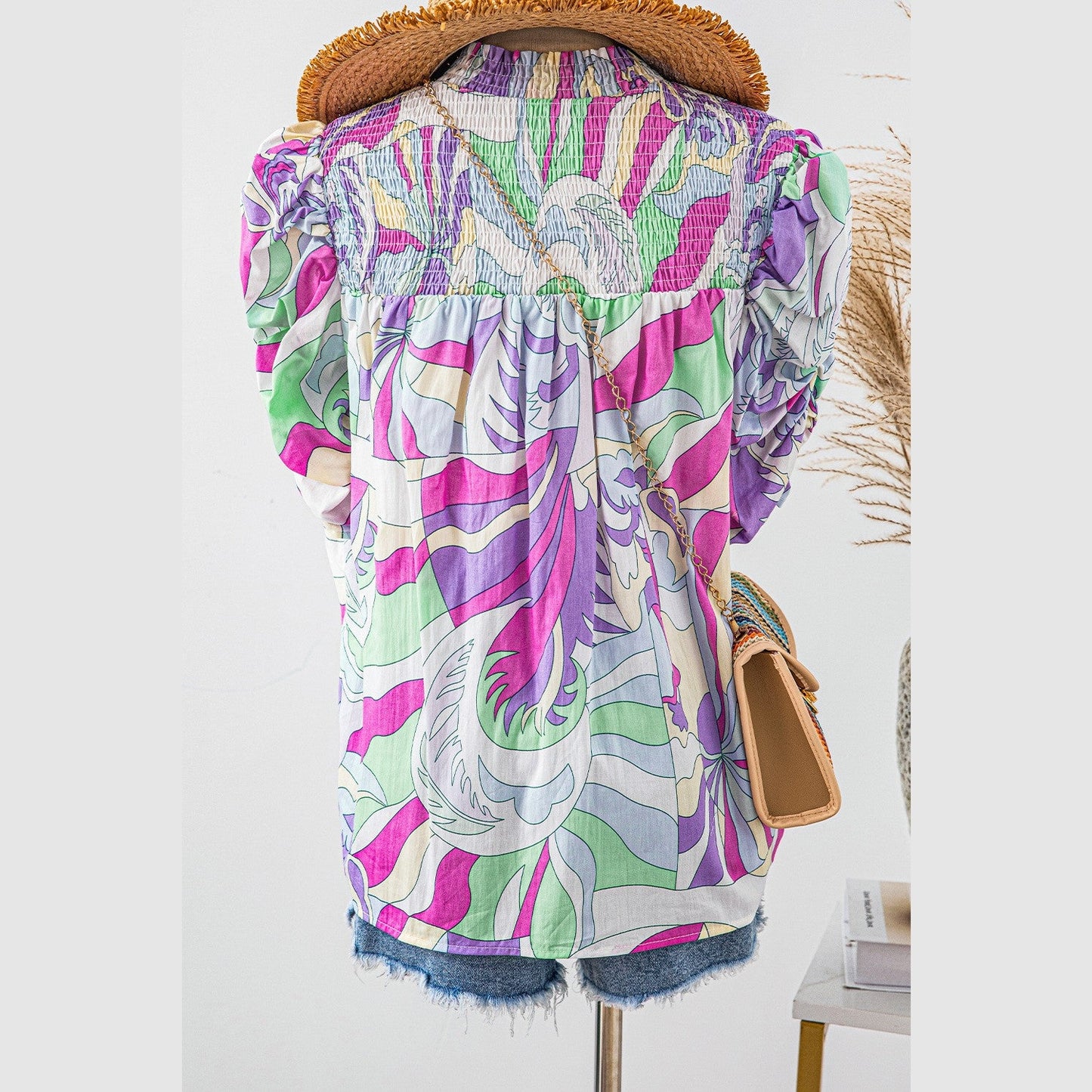 REDUCED!!! Mitzy Green Abstract Print Bubble Sleeve Smock Detail Blouse REDUCED!!!