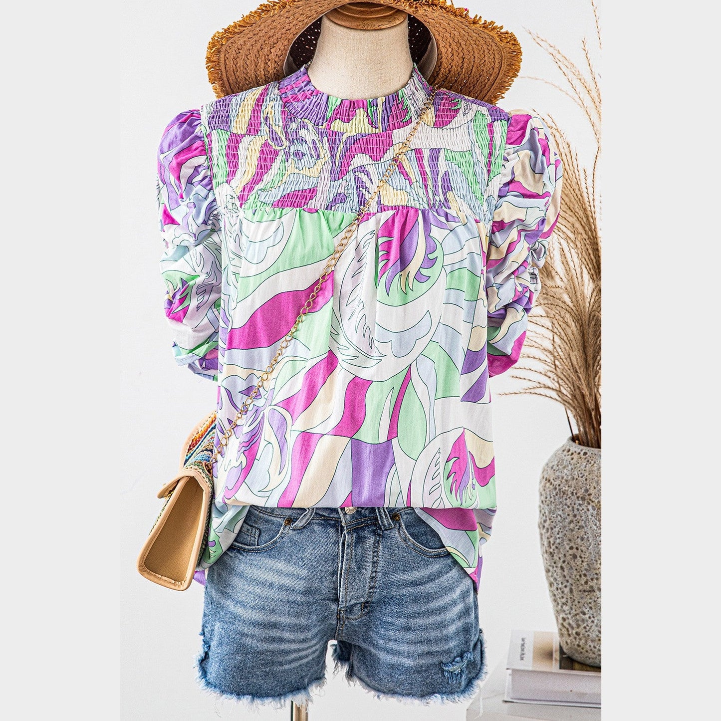 REDUCED!!! Mitzy Green Abstract Print Bubble Sleeve Smock Detail Blouse REDUCED!!!