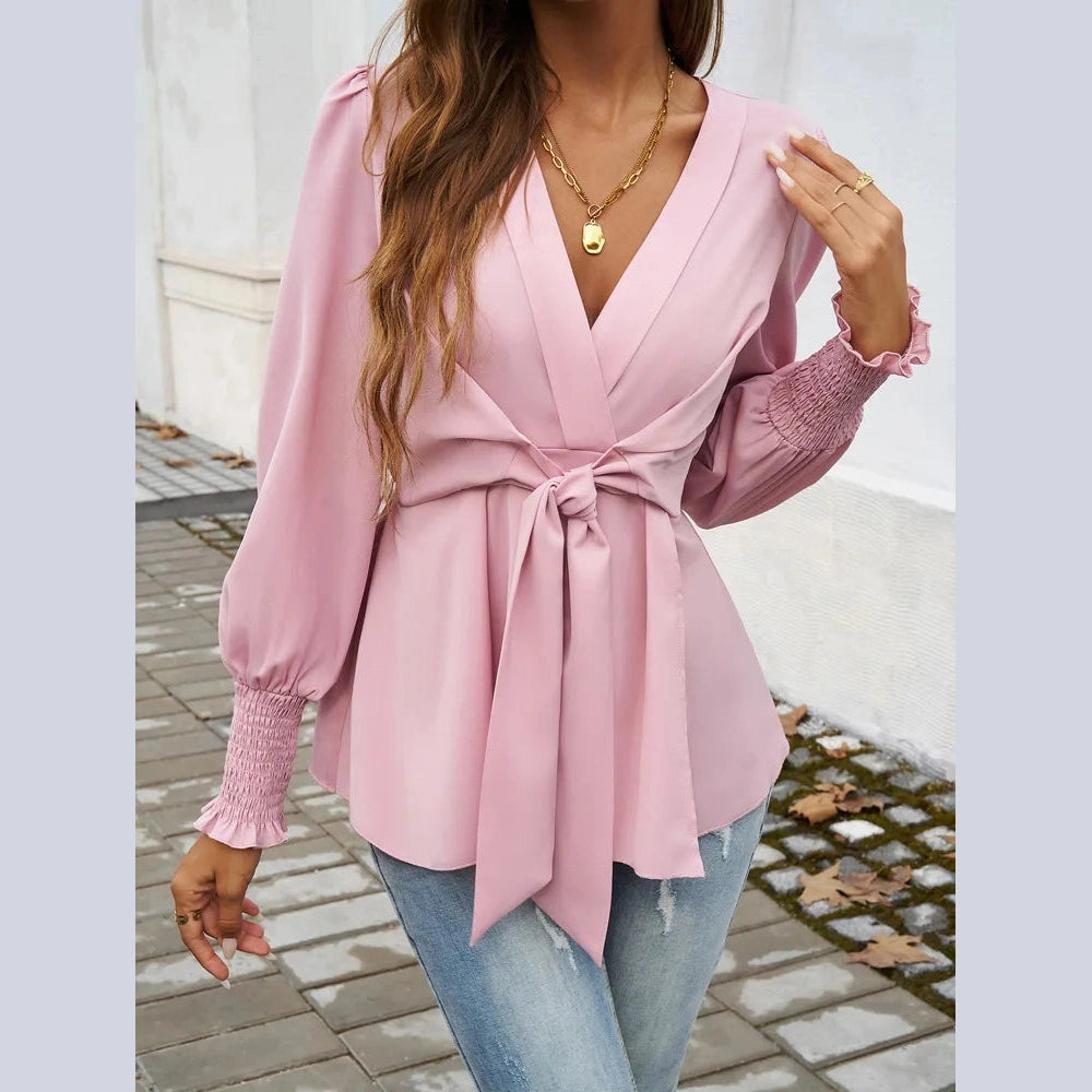 Molly Pink V Neck Wrap Blouse