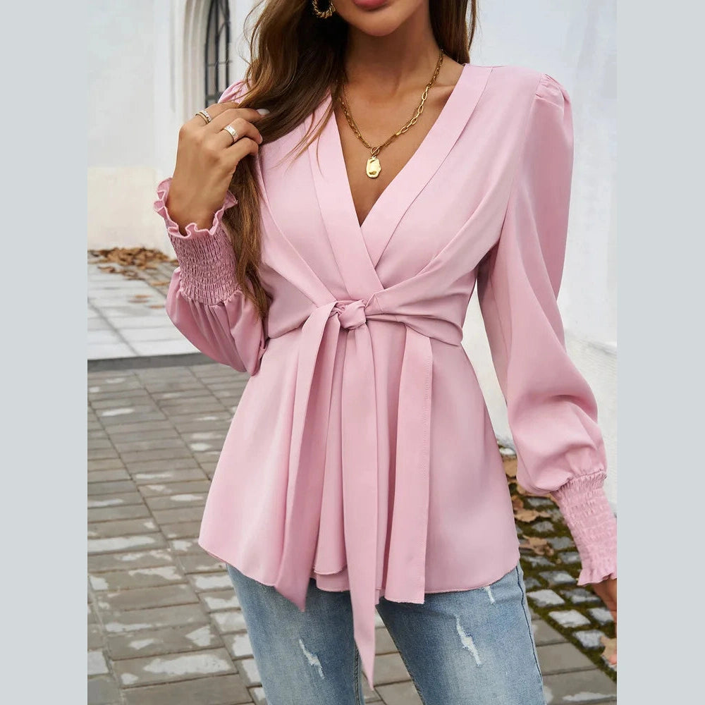 Molly Pink V Neck Wrap Blouse