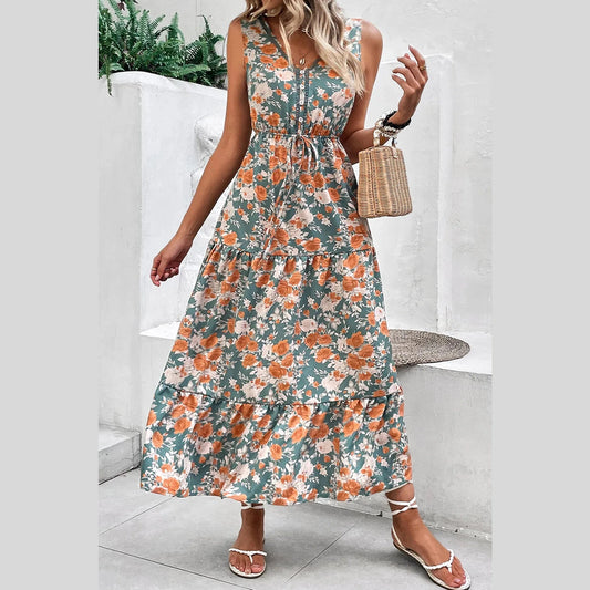 Monica Green Floral Print Trimmed V Neck Tie Waist Sleeveless Holiday Long Dress