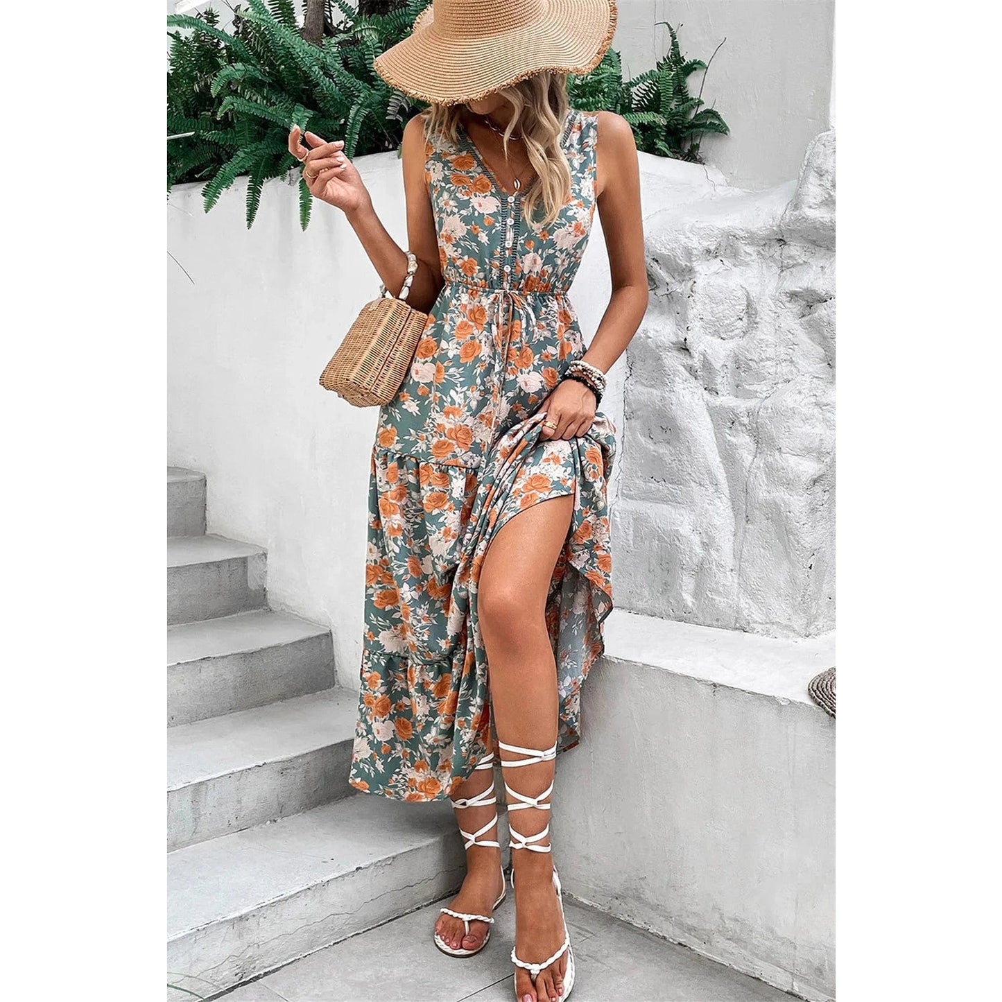 Monica Green Floral Print Trimmed V Neck Tie Waist Sleeveless Holiday Long Dress