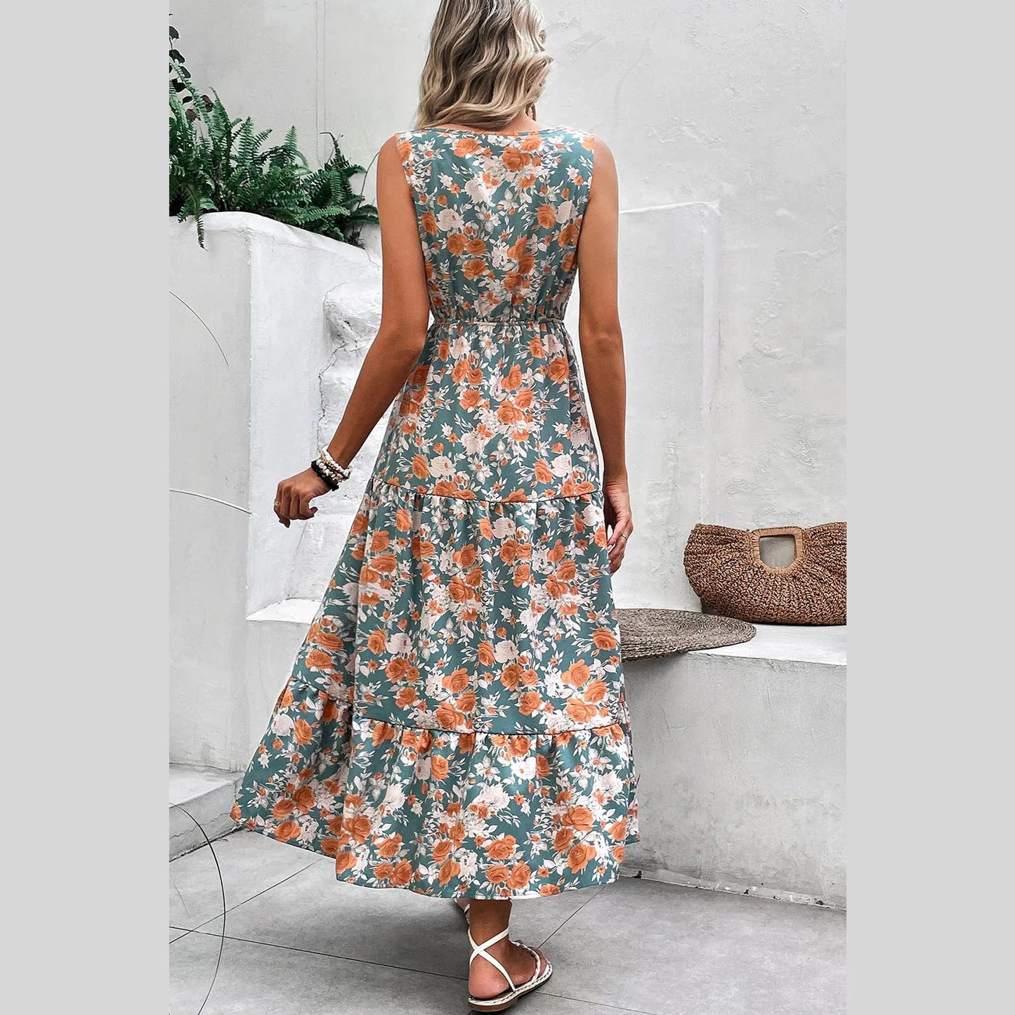 Monica Green Floral Print Trimmed V Neck Tie Waist Sleeveless Holiday Long Dress