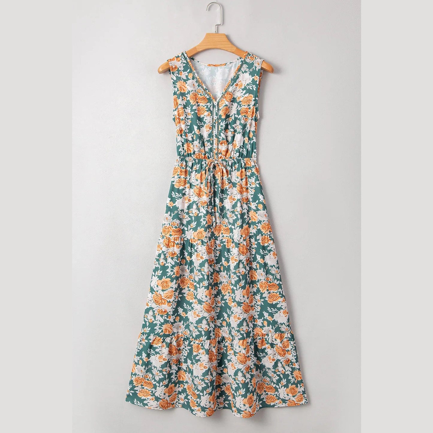 Monica Green Floral Print Trimmed V Neck Tie Waist Sleeveless Holiday Long Dress
