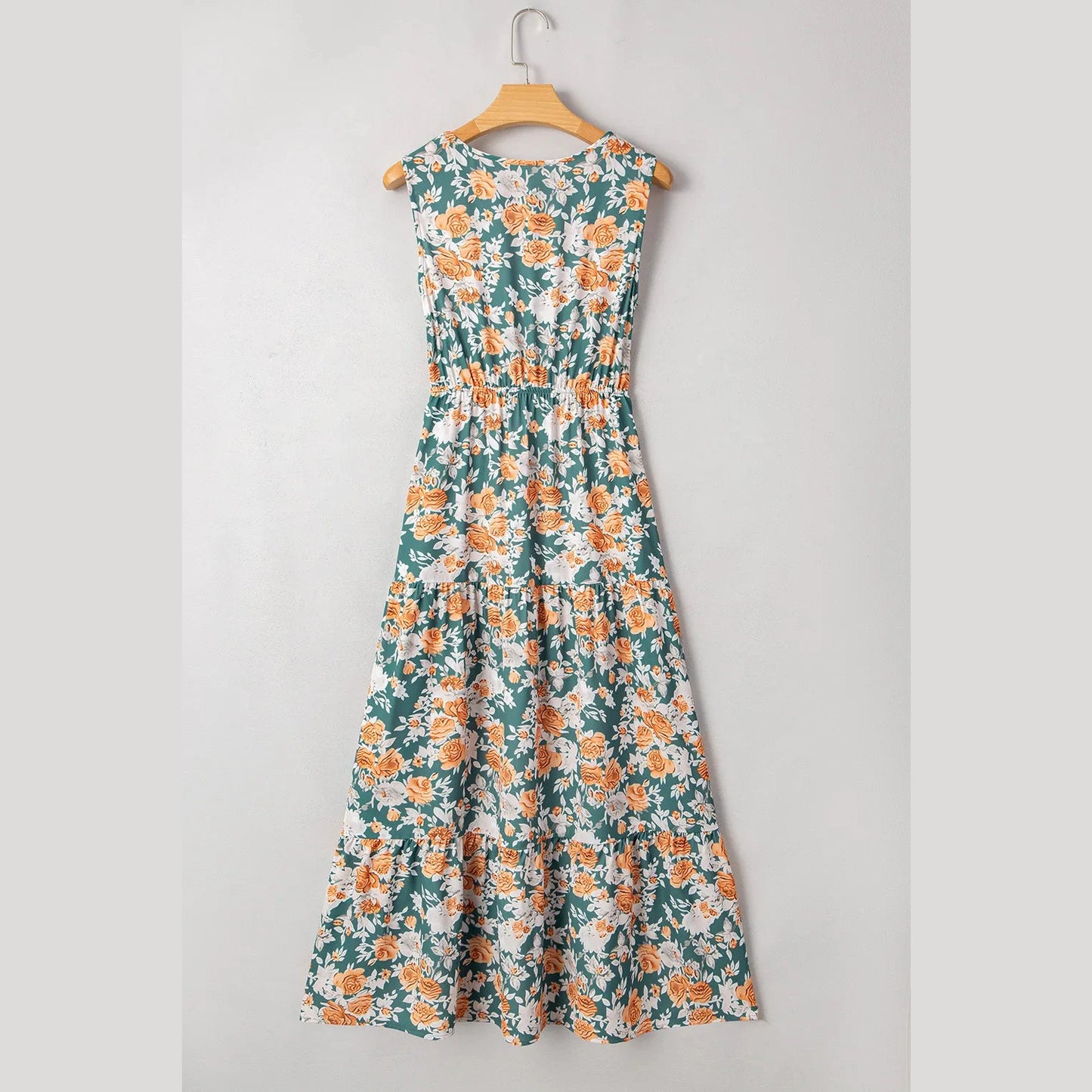 Monica Green Floral Print Trimmed V Neck Tie Waist Sleeveless Holiday Long Dress