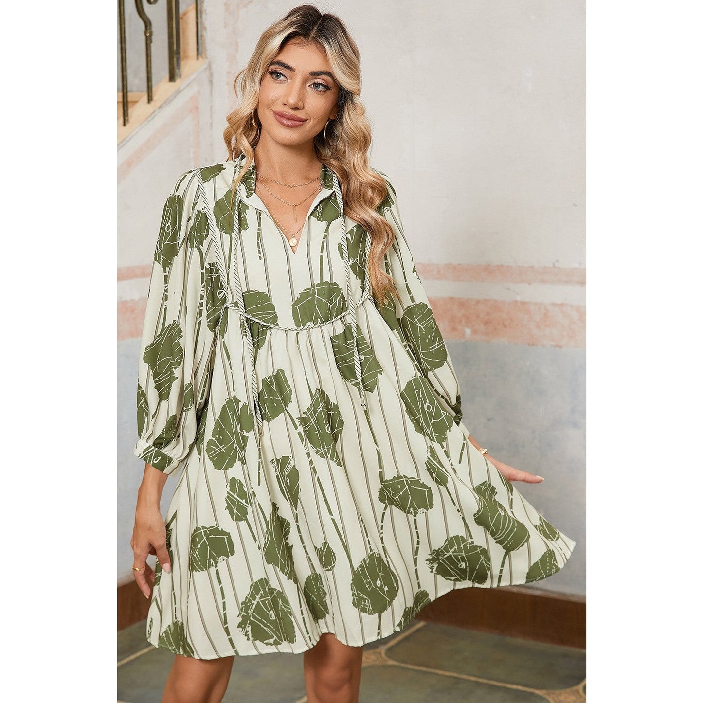 RTS Moraga Guacamole Green Floral Striped Print Contrast Piping Puff Sleeve Dress