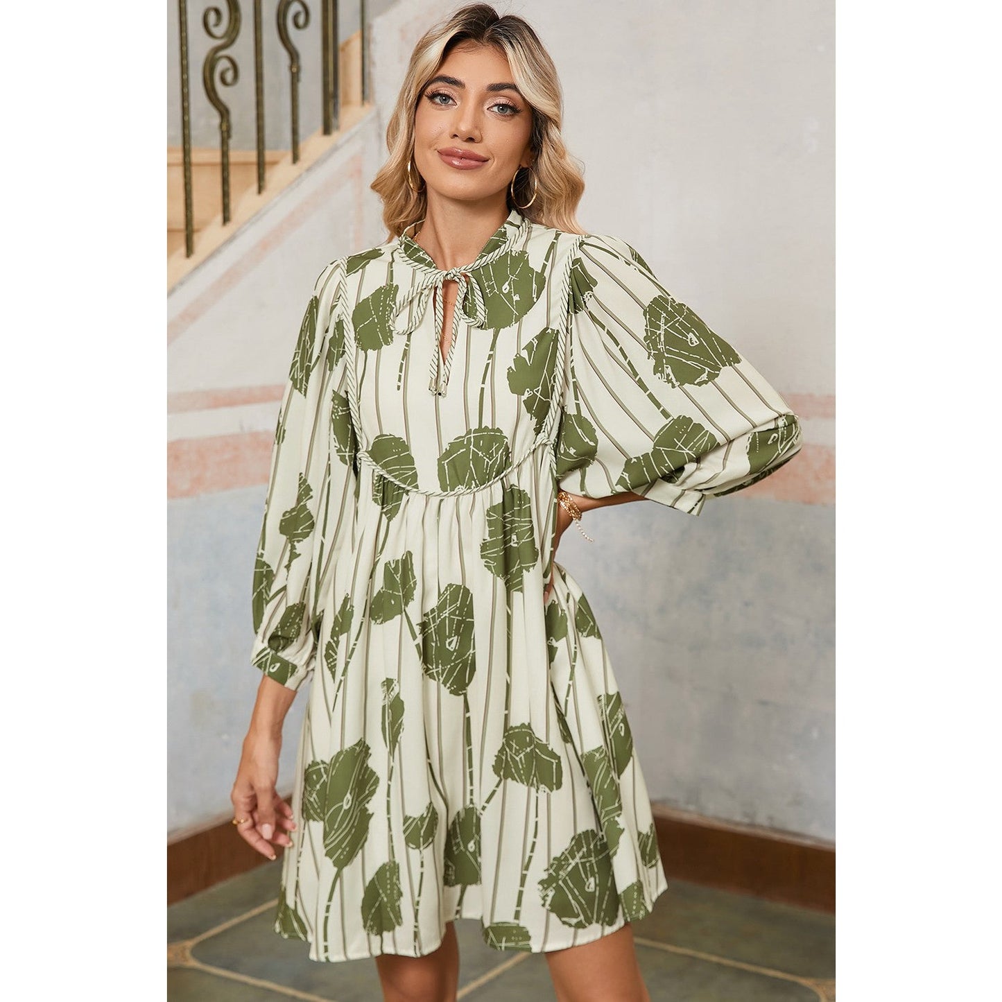 RTS Moraga Guacamole Green Floral Striped Print Contrast Piping Puff Sleeve Dress