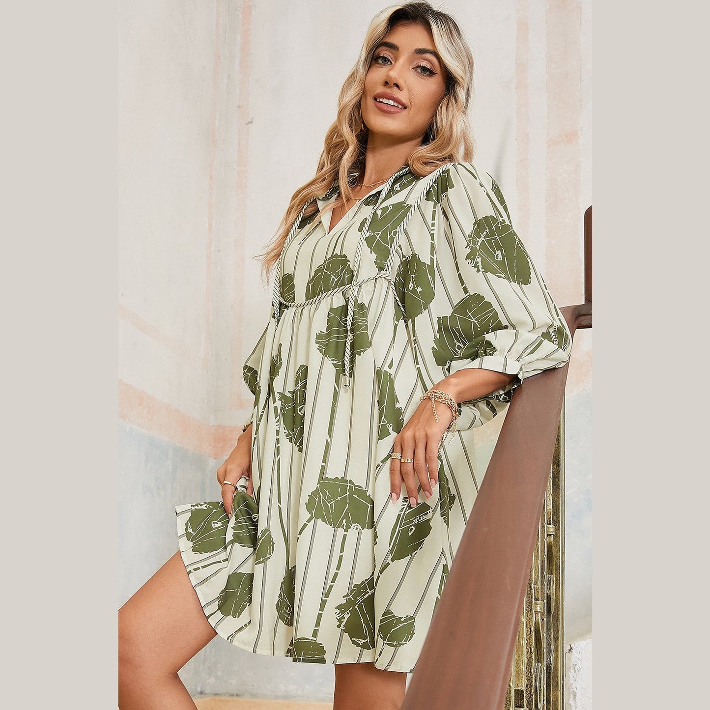 RTS Moraga Guacamole Green Floral Striped Print Contrast Piping Puff Sleeve Dress