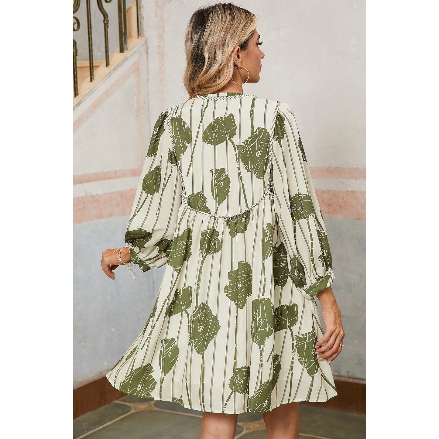 RTS Moraga Guacamole Green Floral Striped Print Contrast Piping Puff Sleeve Dress
