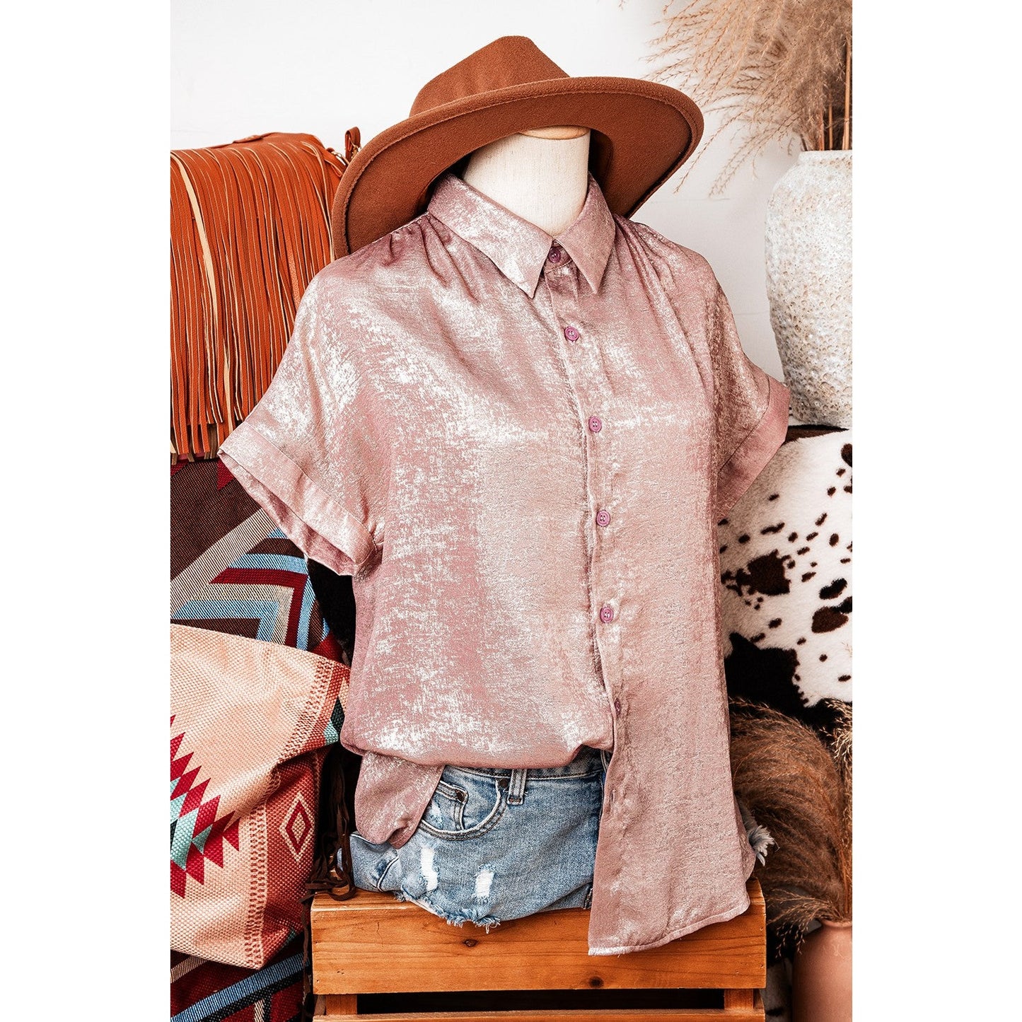 Moriah Pink Metallic Buttoned Loose Fit Short Sleeve Shirt