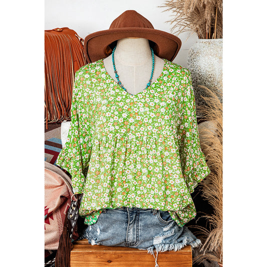 Morticia Green Floral Print Ruffle Sleeve V Neck Blouse Top
