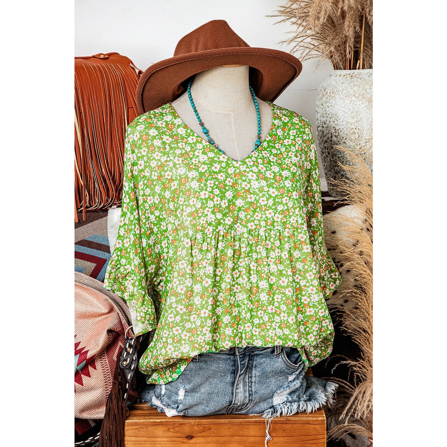 Morticia Green Floral Print Ruffle Sleeve V Neck Blouse Top