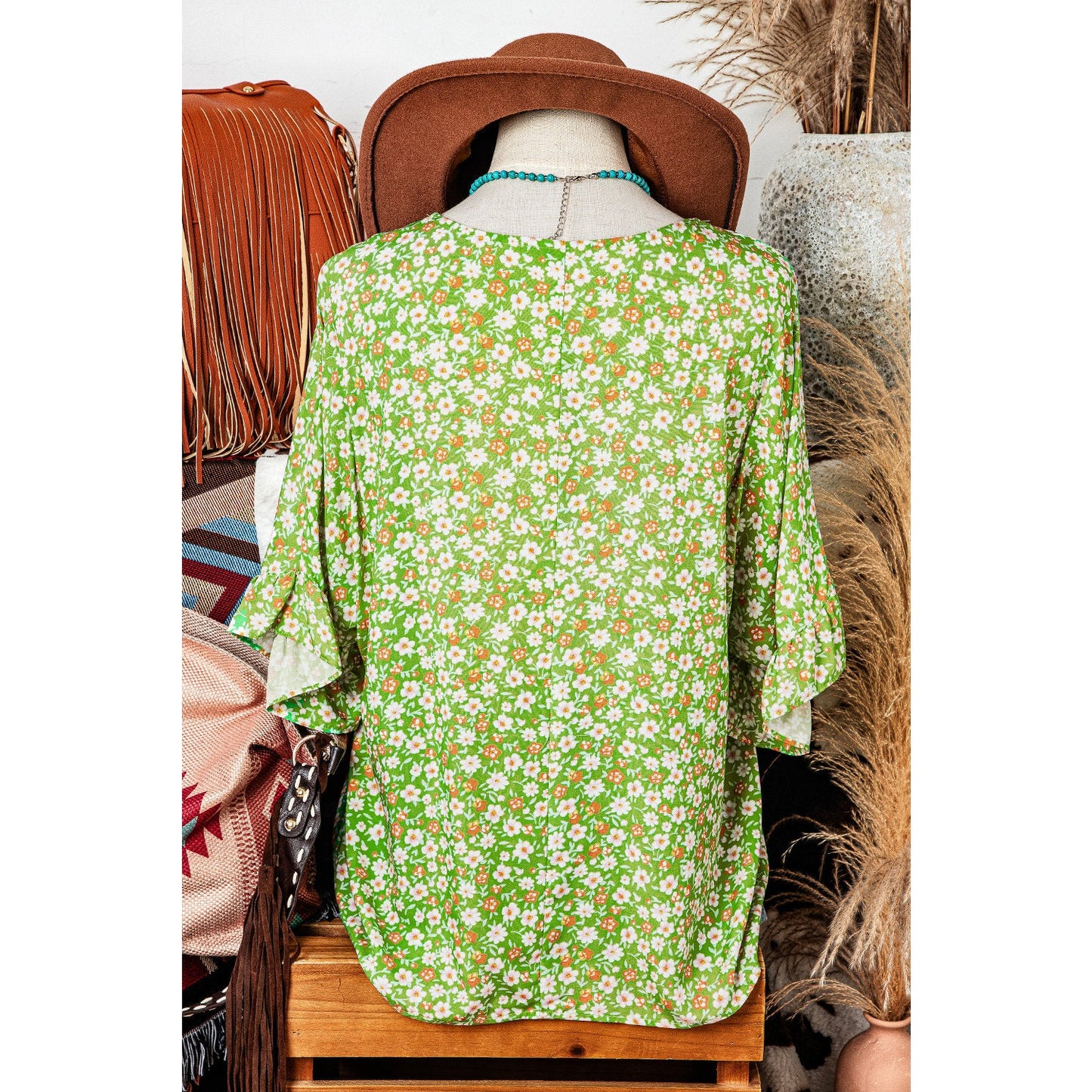 Morticia Green Floral Print Ruffle Sleeve V Neck Blouse Top