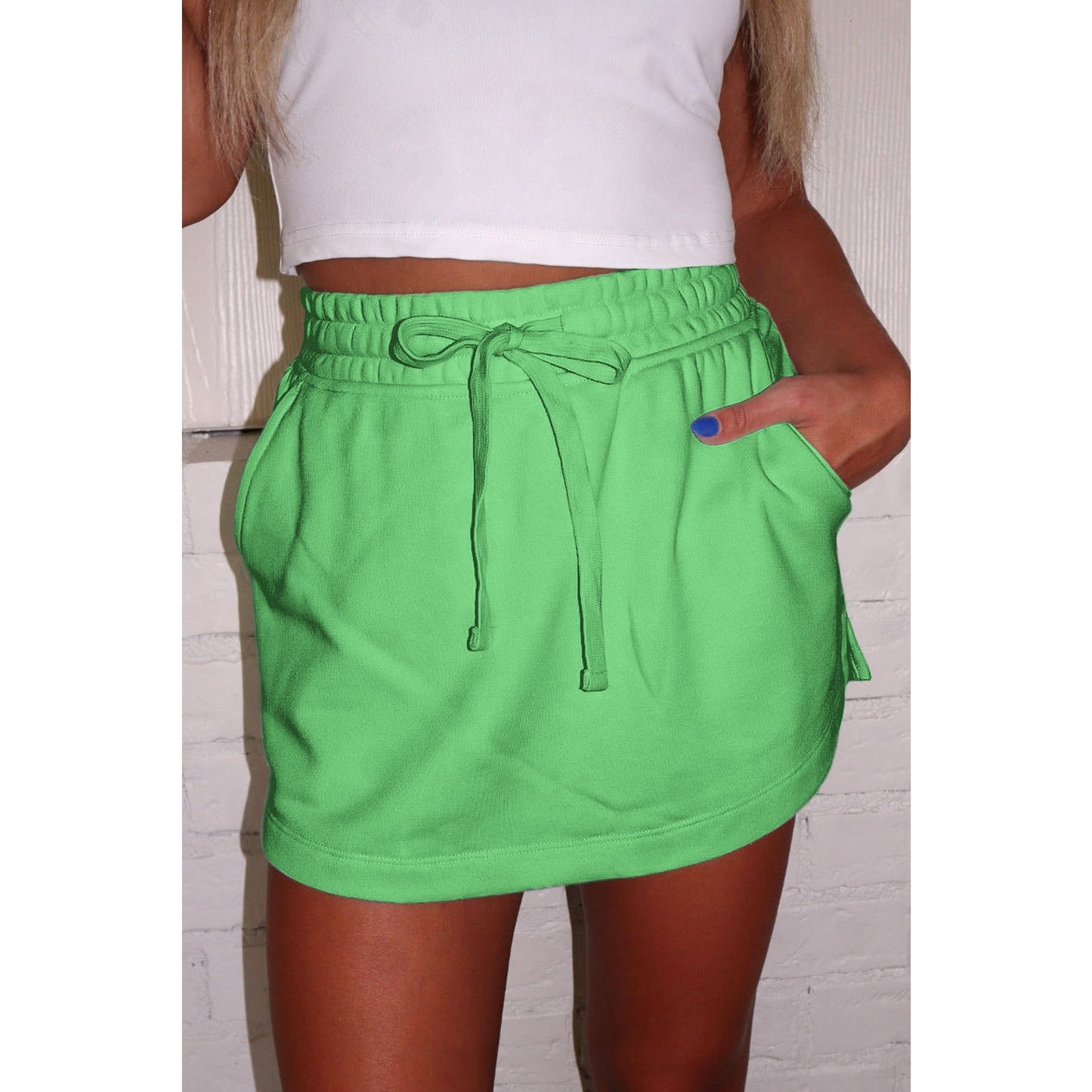 Mya Green French Terry Drawstring Mini Skort with Pockets