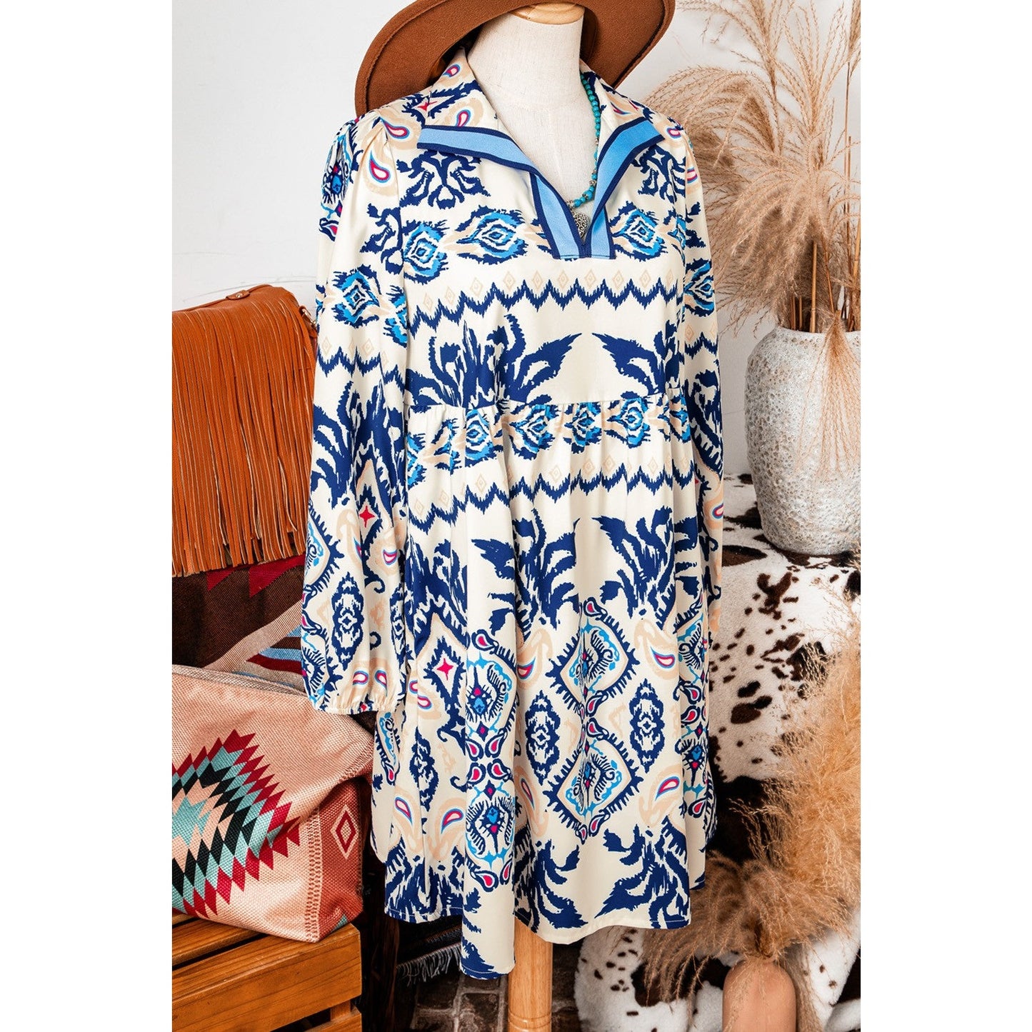 Myra Blue Ethnic Print Striped Split Neck Long Sleeve Flowy Mini Dress