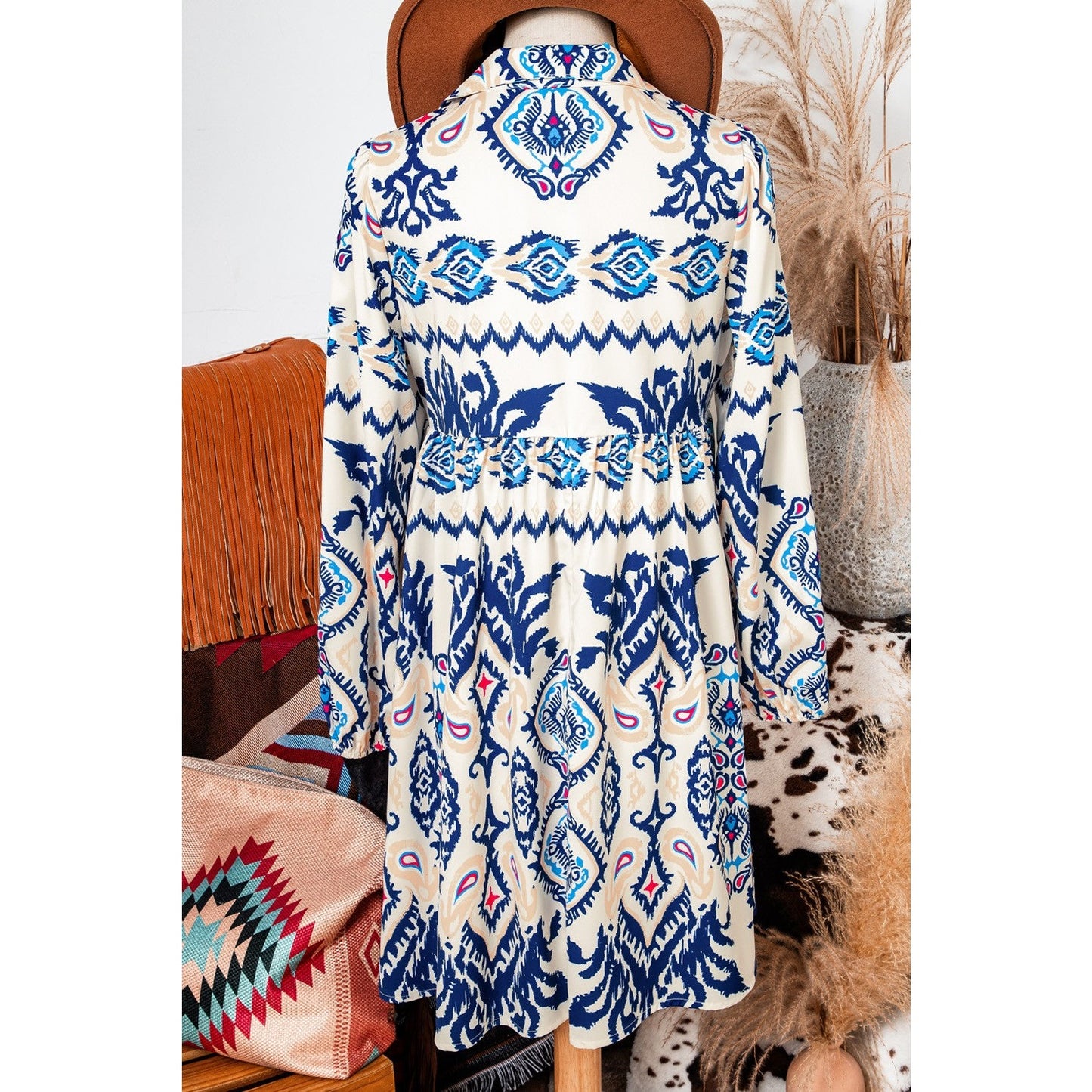 Myra Blue Ethnic Print Striped Split Neck Long Sleeve Flowy Mini Dress