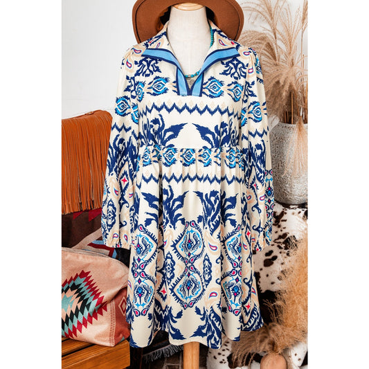 Myra Blue Ethnic Print Striped Split Neck Long Sleeve Flowy Mini Dress