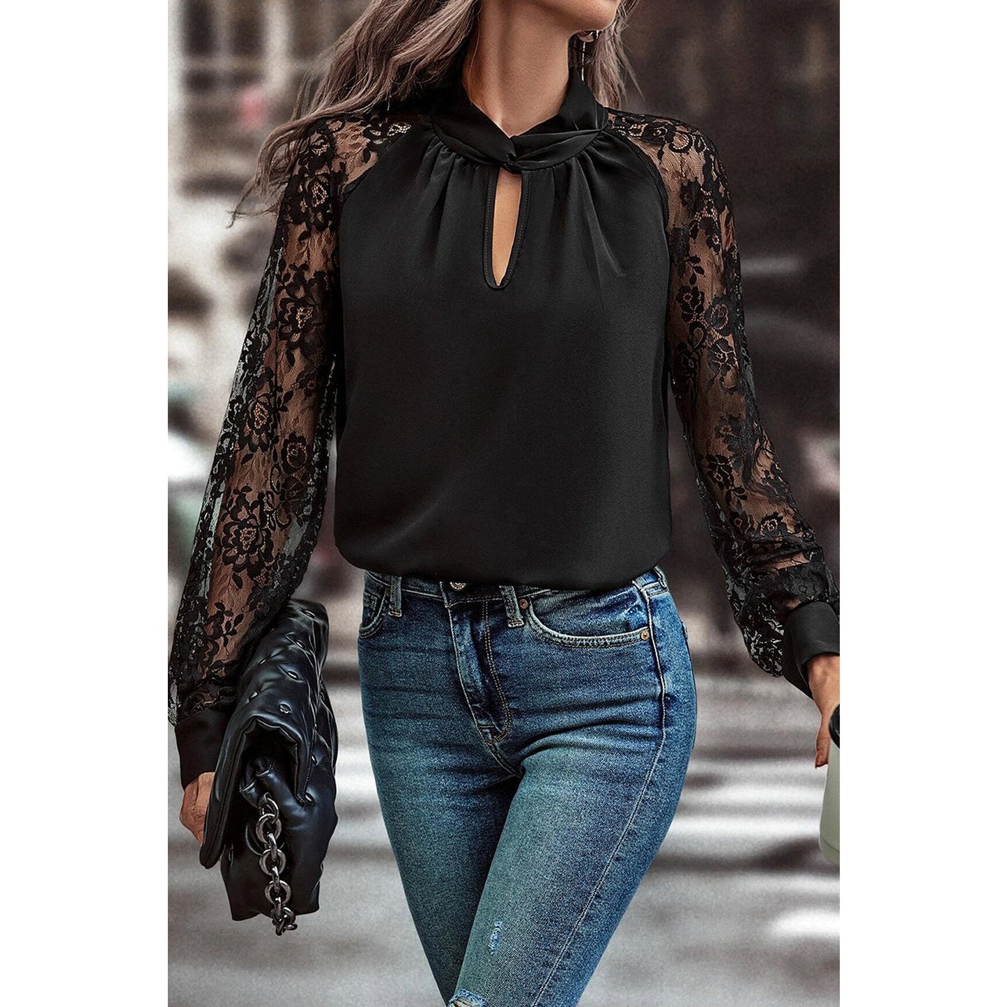 REDUCED!!! Nessa Black Keyhole Neckline Floral Lace Raglan Sleeve Blouse REDUCED!!!