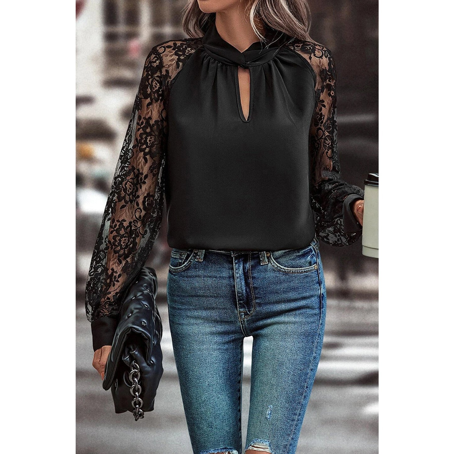 REDUCED!!! Nessa Black Keyhole Neckline Floral Lace Raglan Sleeve Blouse REDUCED!!!