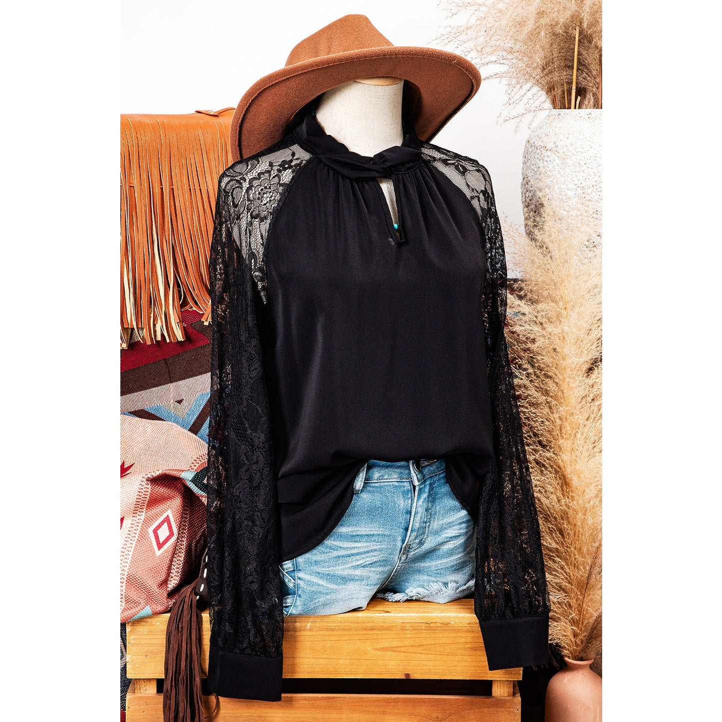 REDUCED!!! Nessa Black Keyhole Neckline Floral Lace Raglan Sleeve Blouse REDUCED!!!