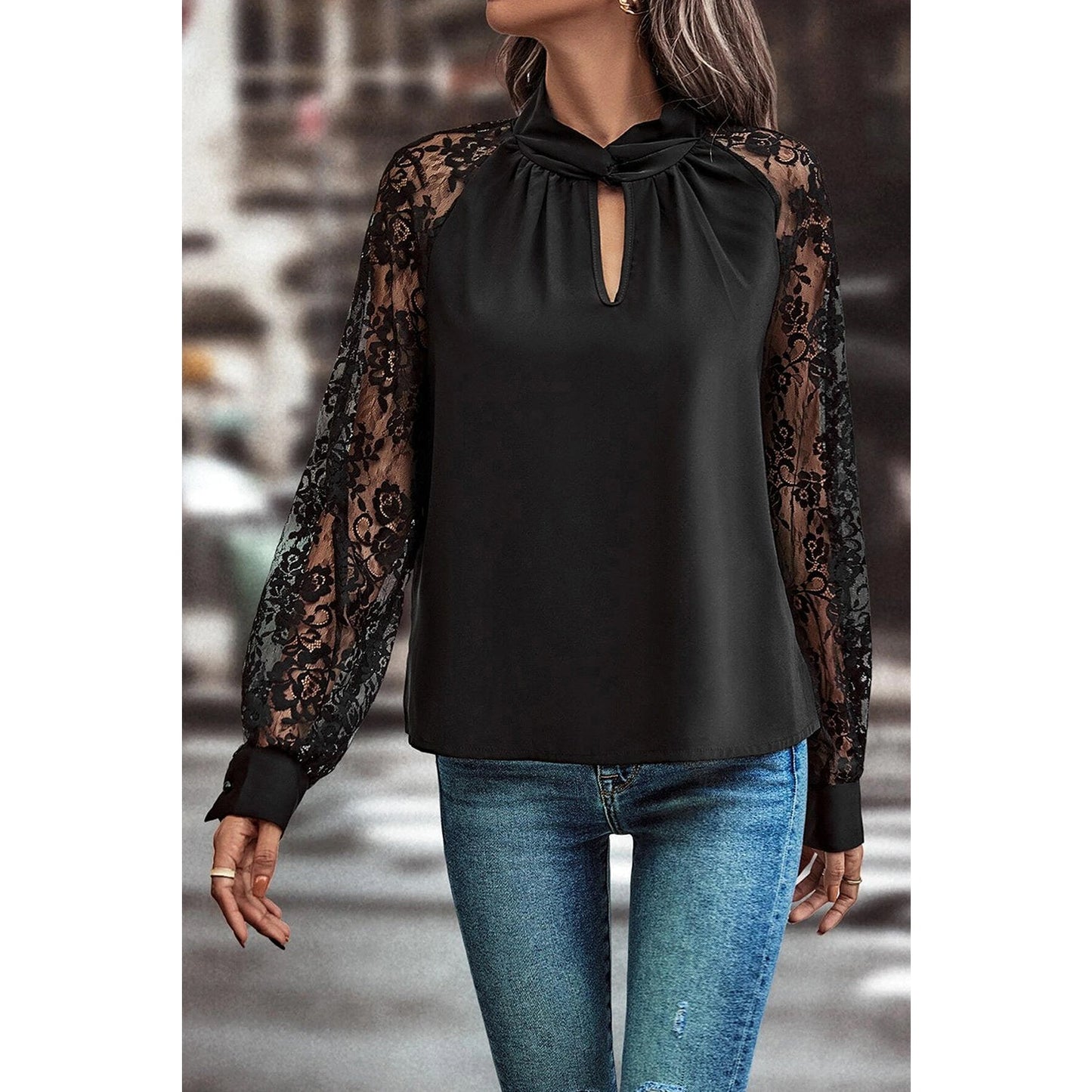 REDUCED!!! Nessa Black Keyhole Neckline Floral Lace Raglan Sleeve Blouse REDUCED!!!