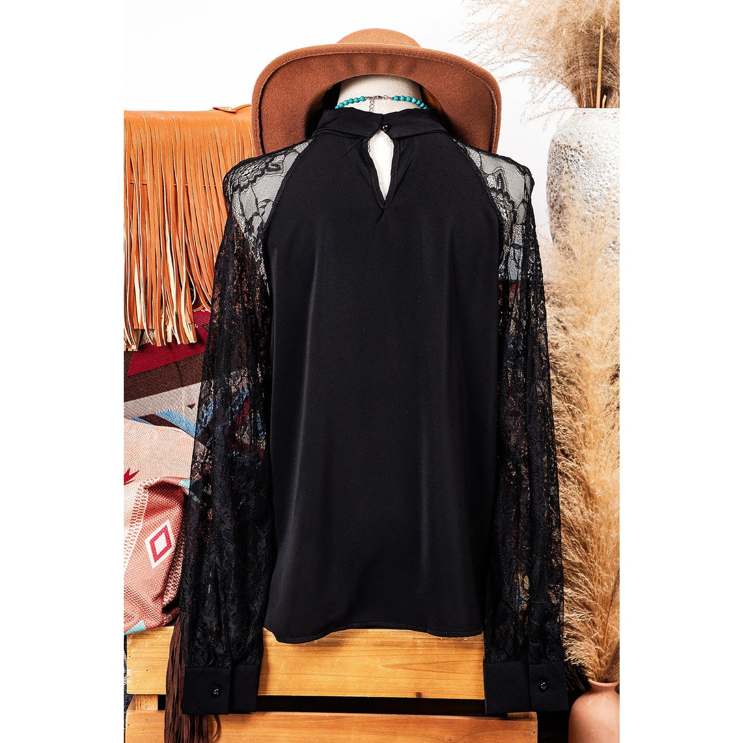 REDUCED!!! Nessa Black Keyhole Neckline Floral Lace Raglan Sleeve Blouse REDUCED!!!