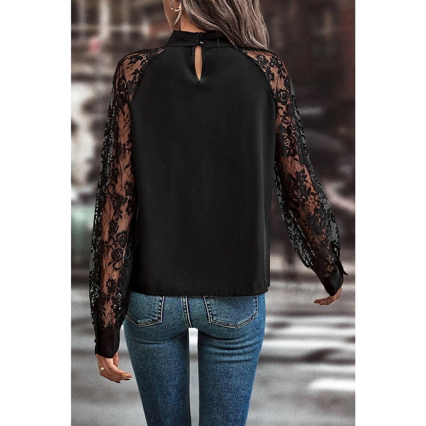 REDUCED!!! Nessa Black Keyhole Neckline Floral Lace Raglan Sleeve Blouse REDUCED!!!