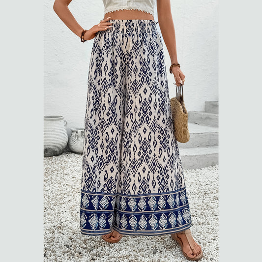 Netta Blue Boho Pattern Print High Waist Wide Leg Loose Pants