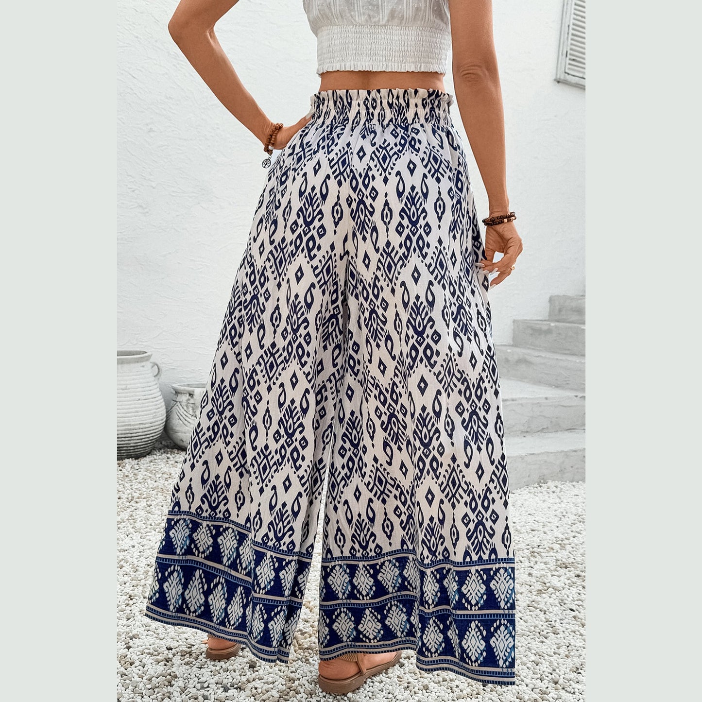 Netta Blue Boho Pattern Print High Waist Wide Leg Loose Pants