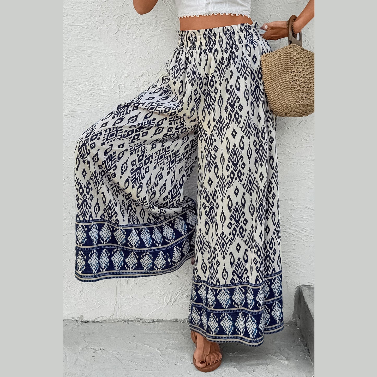 Netta Blue Boho Pattern Print High Waist Wide Leg Loose Pants