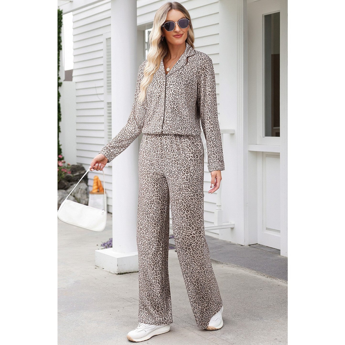 RTS!!! Nicola White Leopard Print Long Sleeve and Pants Pajamas Set RTS!!!
