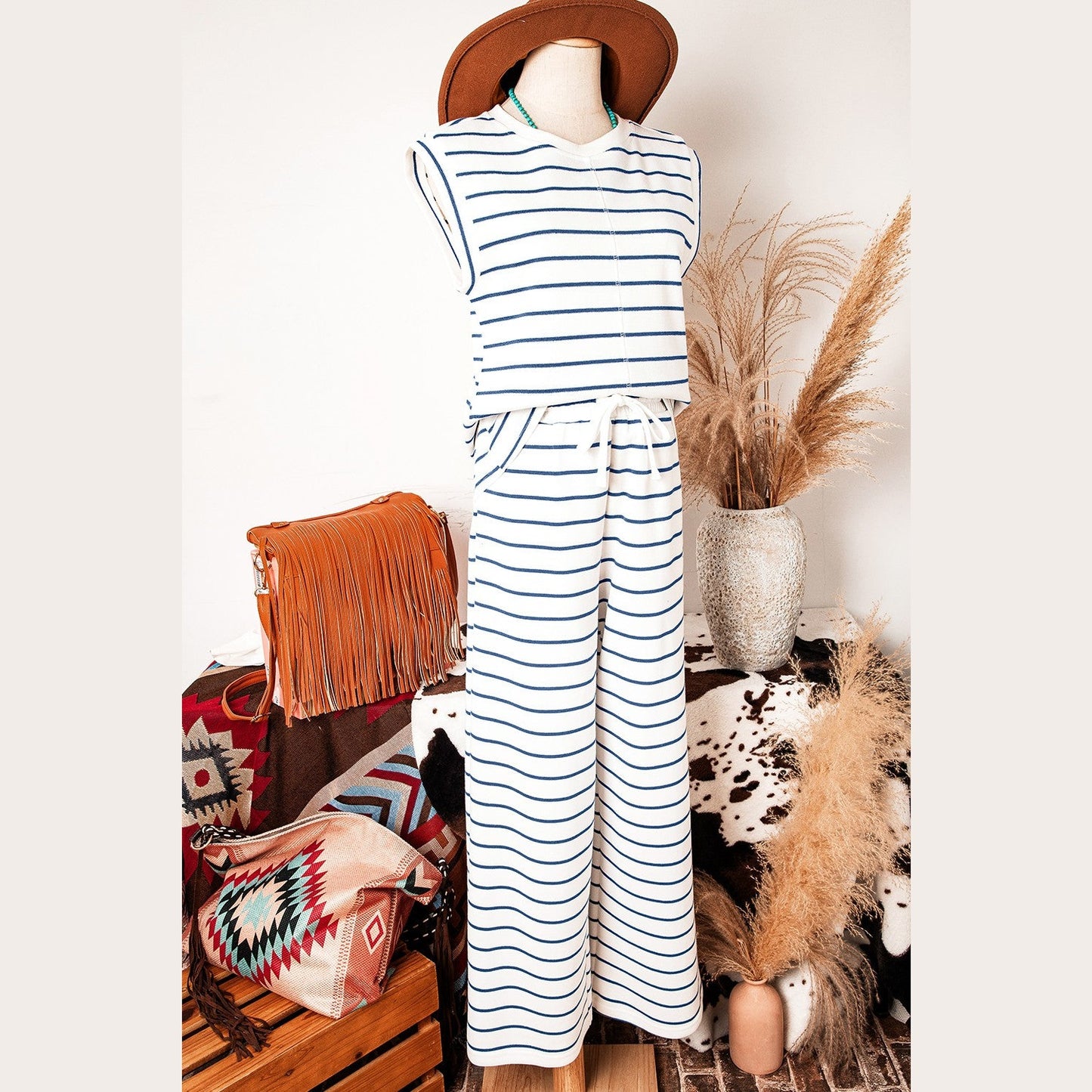 Nicole Sail Blue Casual Wide Leg 2pcs Pants Set