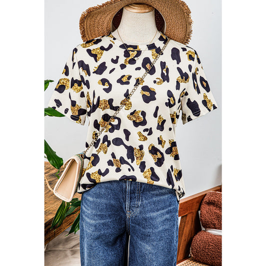 Nona Leopard Print Round Neck Casual T Shirt