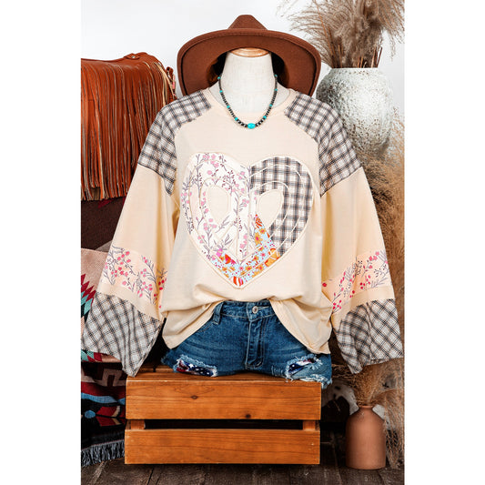 Nora Beige Plaid Floral Peace Heart Graphic Wide Long Sleeve Top