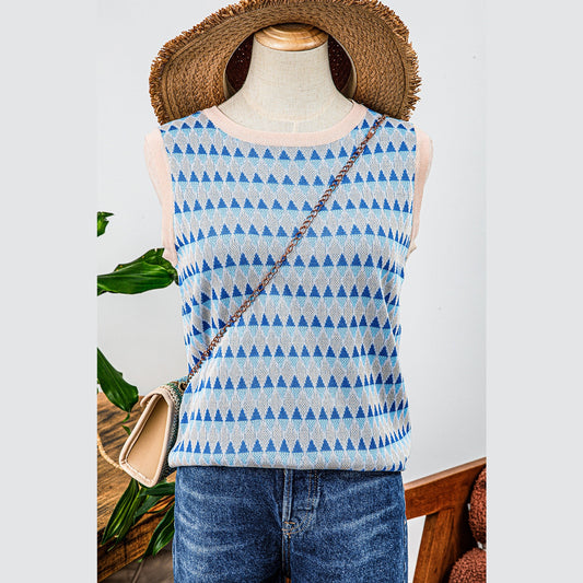 Ora Sky Blue Stripe Geometric Print Round Neck Slim Fit Sweater Vest