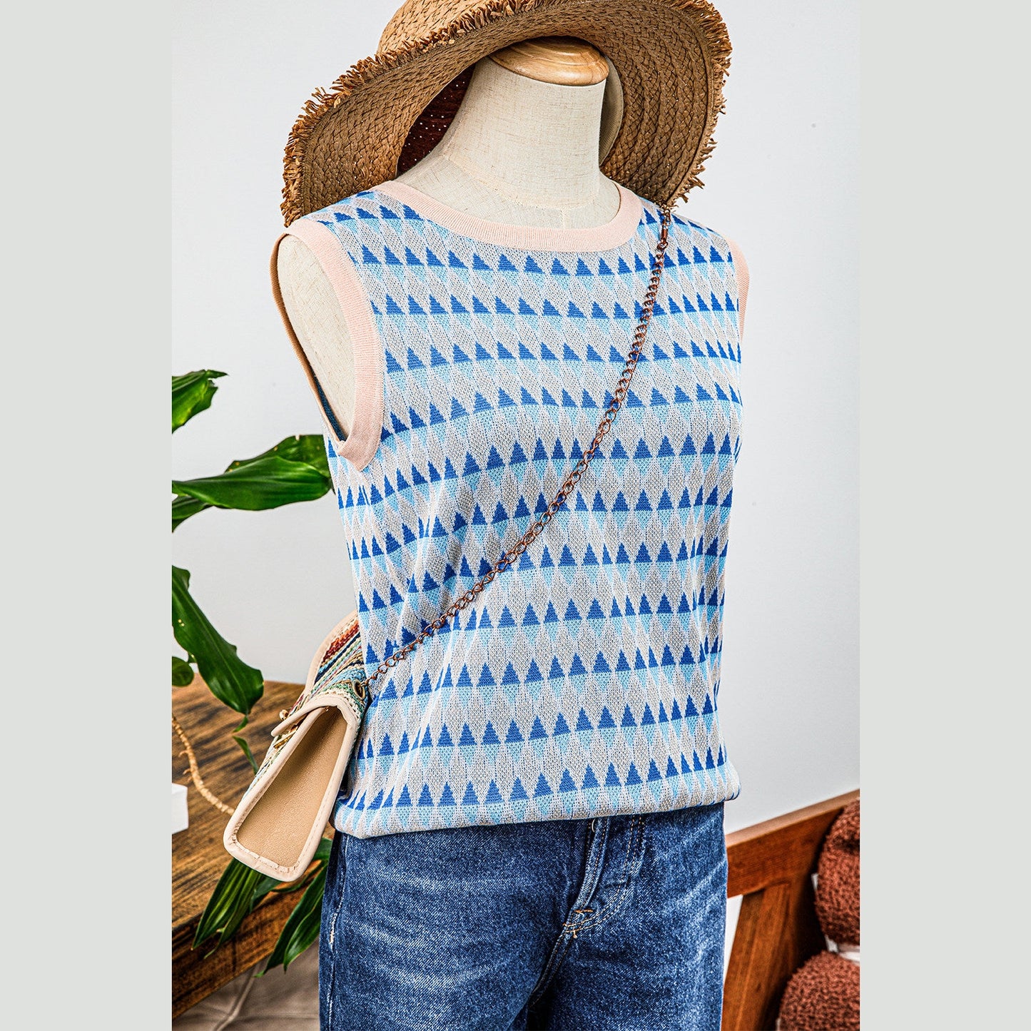 Ora Sky Blue Stripe Geometric Print Round Neck Slim Fit Sweater Vest