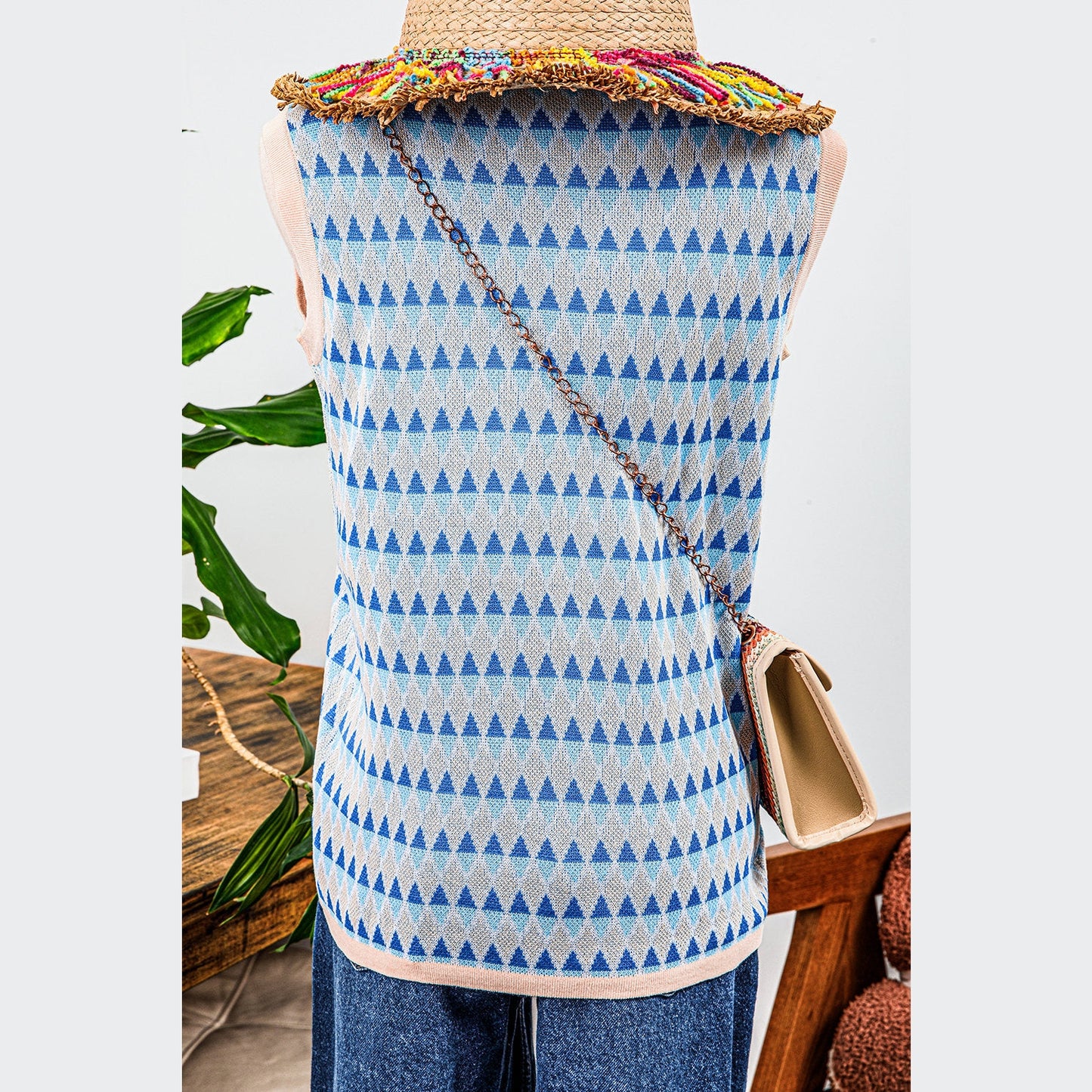 Ora Sky Blue Stripe Geometric Print Round Neck Slim Fit Sweater Vest