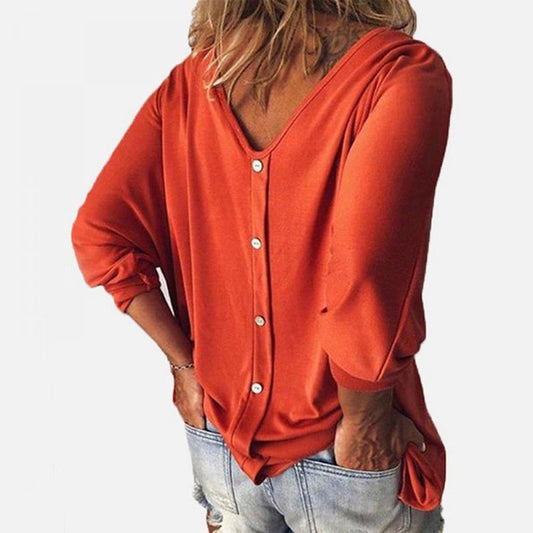 Jill Orange V Neck Button Back 3/4 Sleeve Top